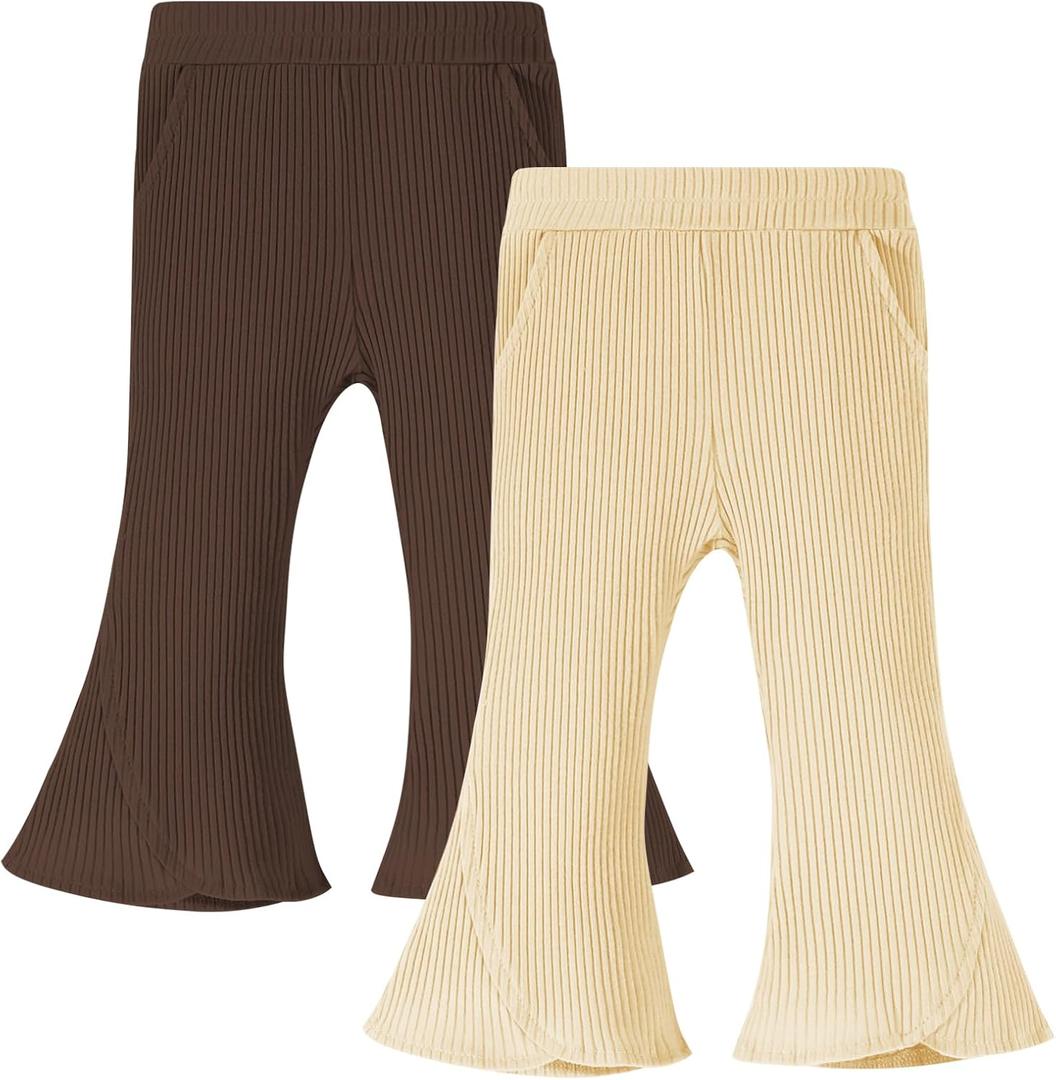 2 Pack Baby Girl Pants Toddler Ribbed Bell Bottoms with Pockets Stretchy Solid Ruffle Newborn Girl Flare Leggings (18-24 Months, Brown/Apricot)