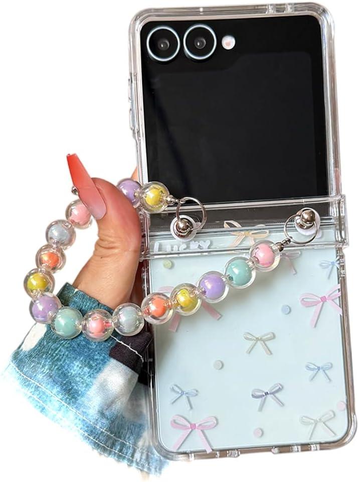 GO-VOLMON Girls Strap Case for Samsung Galaxy Z Flip 7 Cute Design, Kawaii Wristband Cover Hinge Protector, Lovely Woman Shockproof Case for Z Flip 7, Colorful Bow (Clear)