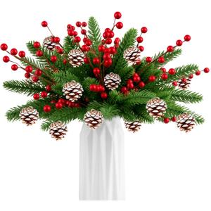 54 Pcs Christmas Norfolk Pine Branches with Pine Cones and Berry 11 Inch Real Touch Artificial Norfolk Pine Stems Faux DIY Greenery Pine Picks for Holiday Xmas Tree Garland Wreath Home Decoration