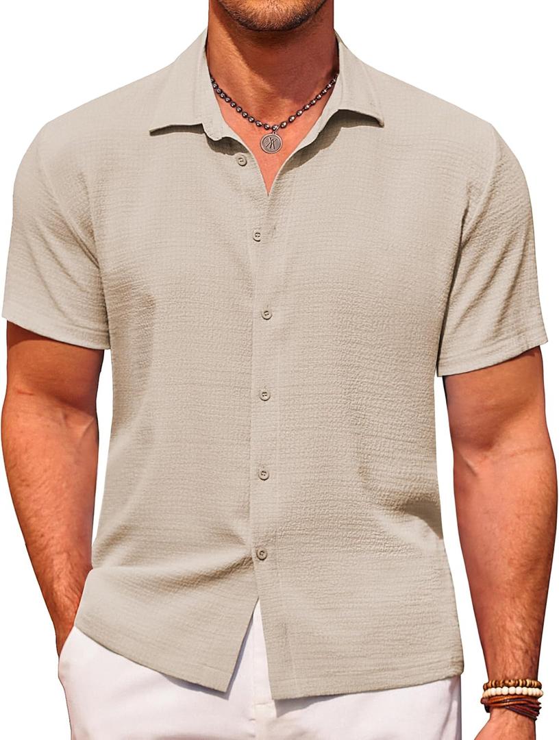 COOFANDY Men's Casual Short Sleeve Button Down Shirt Textured Summer Beach Shirt (Beige, XXL)