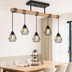 5-Lights Farmhouse Hanging Pendant Light, Dinng Room Light Fixtures for Kitchen Island Lighting Over Table, Black Rustic Wood Ceiling Pendant Lights with Metal Shade for Living Room, Foyer