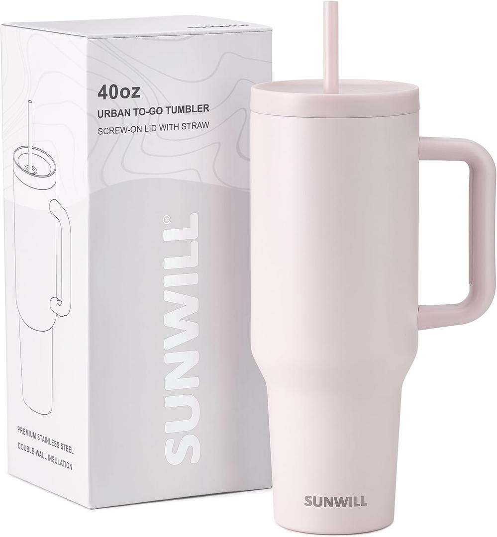 SUNWILL 40 oz Tumbler With Handle and Straw Lid, Coffee Tumbler Cups, Insulated Reusable Stainless Steel Travel Coffee Mug for Office & Outdoor, Cupholder Friendly, Rose Quartz