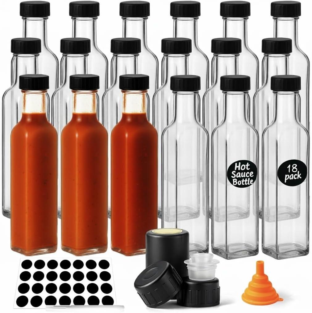 WERTIOO Hot Sauce Bottles 18-Pack 8.5oz Glass Bottles with Lids - Square Hot Sauce Containers for Homemade Chili Oil, Vinegar, BBQ - Empty for Liquid Storage & Gifting, Clear (Leakproof)