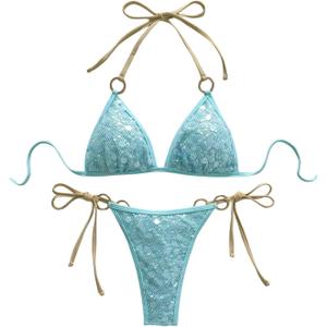 MakeMeChic Women's Sequin Bikinis Set Sparkly Halter Triangle Ring Linked Tie Side Bathing Suit, S