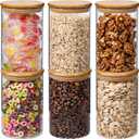 32oz 6PCS Round Airtight Glass Food Storage Jars, Clear Glass Food Storage Container with Bamboo Lid, Stackable Spice Jar, Kitchen Canister for Sugar, Tea, Coffee bean, Pasta, Oat, Spice