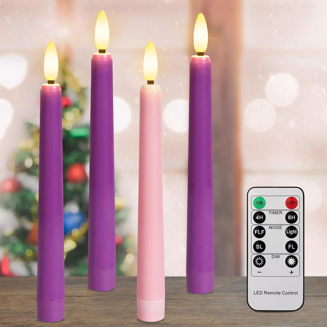 Yunsheng Flameless Advent Candles - Purple and Pink, 8 Inch Battery Operated LED Taper Candles with Remote Timer, 3D Wick Warm White Flicker Flame for Christmas Rituals and Wreath, Set of 4