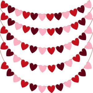 5 Pack Valentines Heart Garland Decorations Felt Heart Banner Hanging Valentines Garland NO DIY for Valentines Decorations, Anniversary, Mantle, Room Decor (Red, White, Pink)