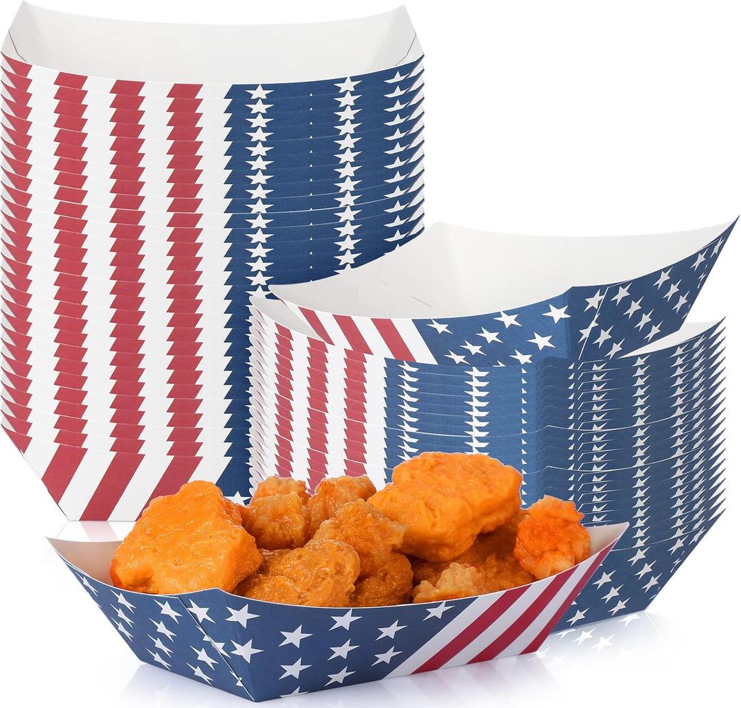 Gejoy 100 Pieces 2 lb Paper Food Tray 4th of July Paper Nachos Trays Disposable Patriotic Party Trays for Serving Food Paper Food Boats for Independence Day Memorial Veteran's Day (American Flag)