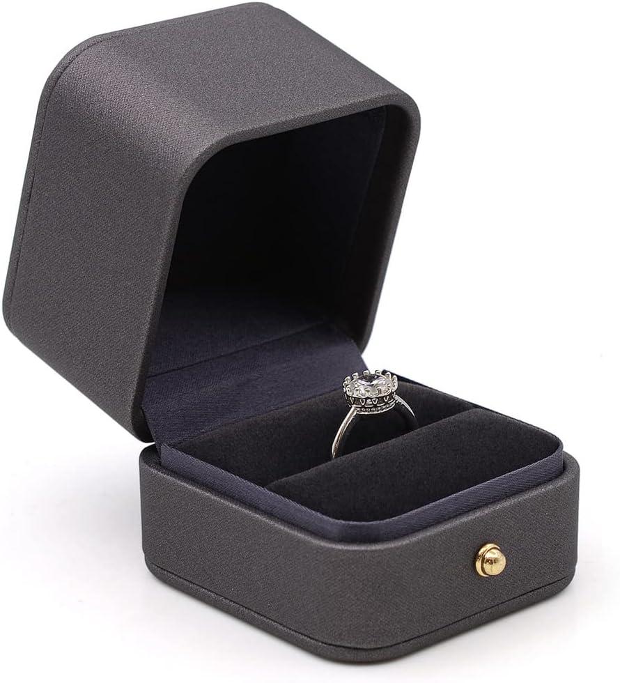 Engagement Ring Box Dark Black Gray, Square Leather Velvet Ring Bearer Box, Premium Gorgeous Vintage Single Slot Ring Box for Proposal, Wedding, Ceremony, Anniversary, Gift