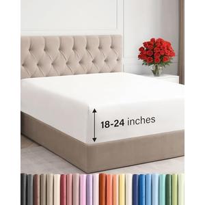 Extra Deep Cal King Fitted Sheet - Hotel Luxury Single Fitted Sheet Only - Easily Fits 18 inch to 24 inch Mattress - Ultra Soft, Wrinkle Free w/Extra Deep Pockets - Breathable & Comfy - Antique White