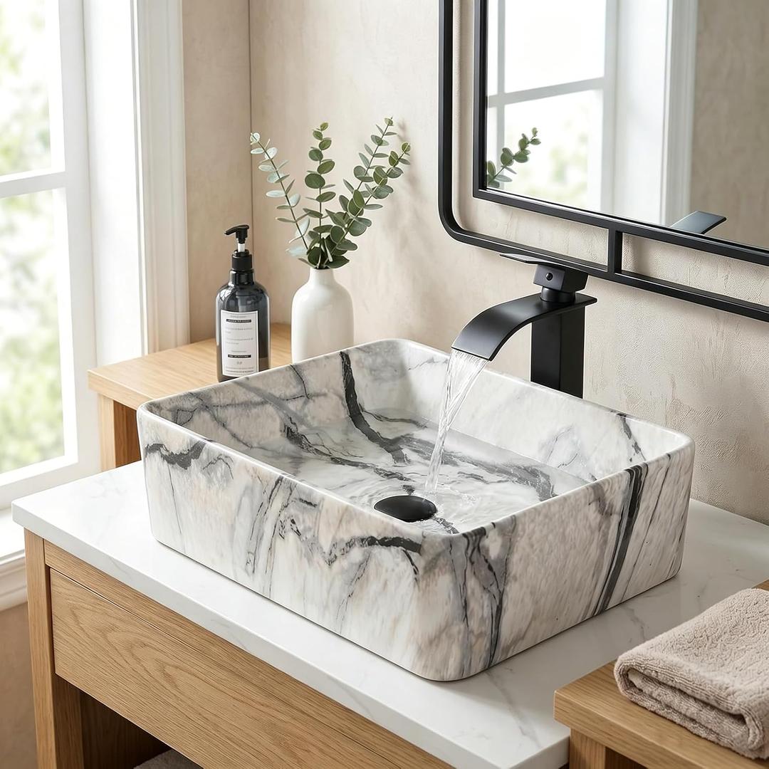 Bathroom 19"X15" Vessel Sink,Ceramic Vessel Sink with Faucet and Drain Combo Rectangular Small Sink Marble Vanity Sinks for Bathrooms Above Counter, 19.2" x 15" x 5.8"