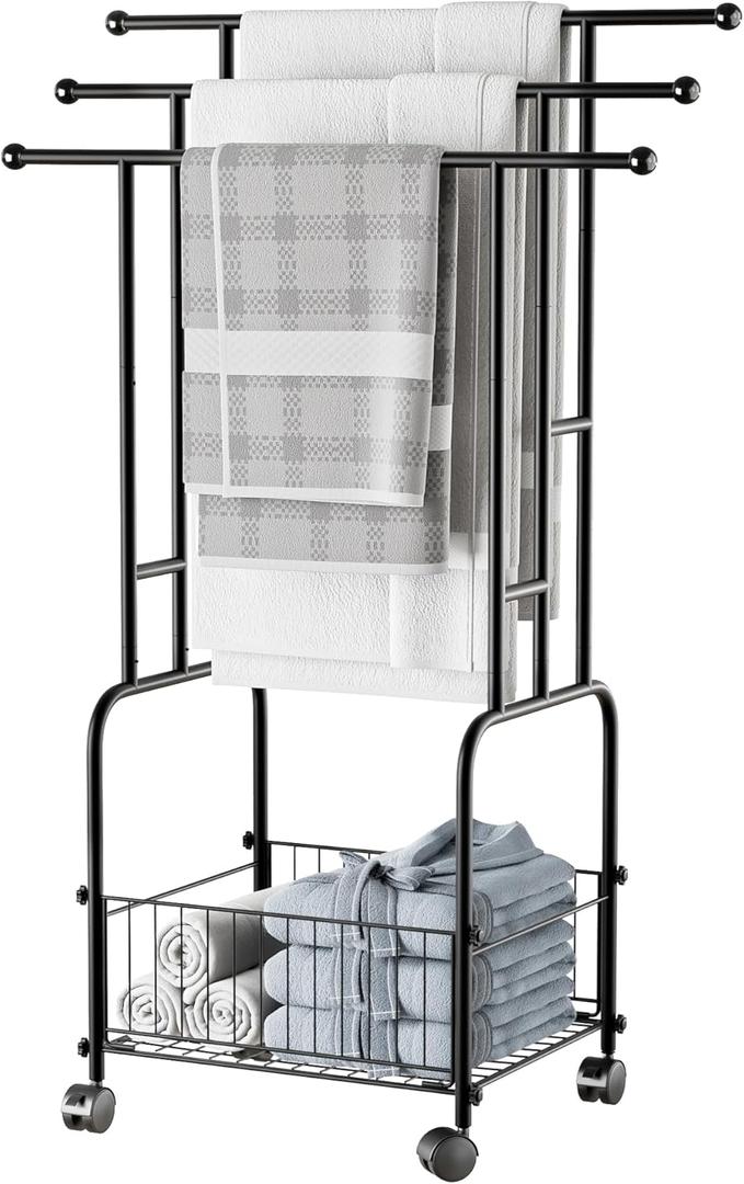 Towel Racks for Bathroom, 42" H 3-Tier Durable Black Reinforced Alloy Stand with Wheels and Basket, Free Standing Towel Rack, Multi-Use Blanket Rack for Indoor/Outdoor Bathroom Display