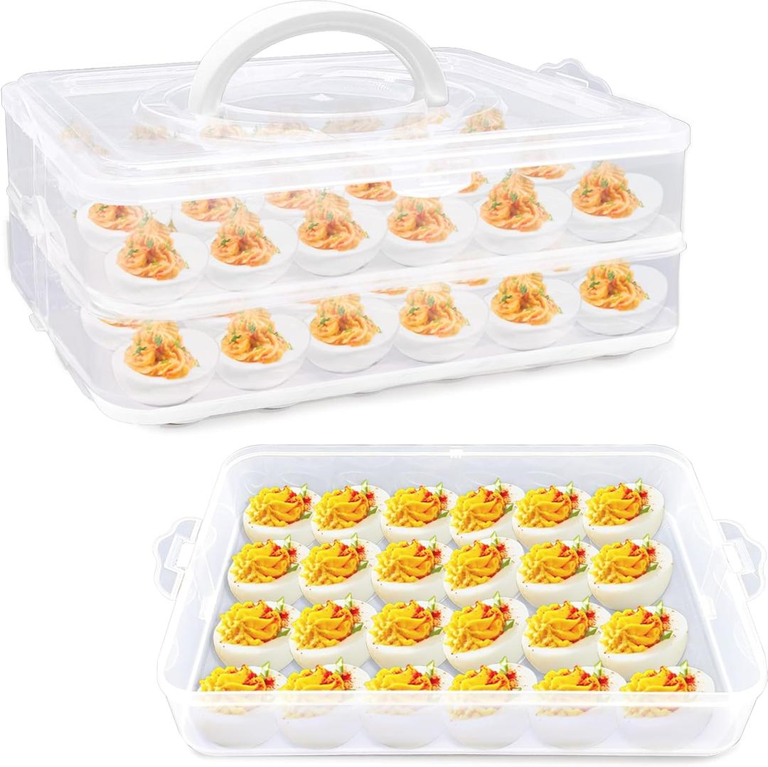 2 Layers Deviled Egg Containers with Lid,48 Slots Deviled Eggs Holder with Handle,Plastic Egg Tray,Portable Egg Storage Carrier Platter for Easter,Thanksgiving Day,Party,Picnic