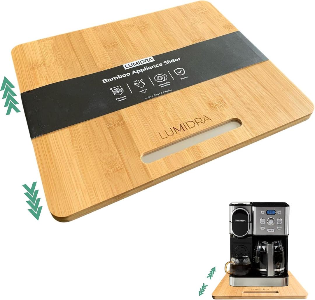 Bamboo Appliance Slider, Sliding Tray for Coffee Maker, Kitchen Countertop Appliance Rolling Tray with Rubber Wheels (Wide 14.2"W x 11.8"L)