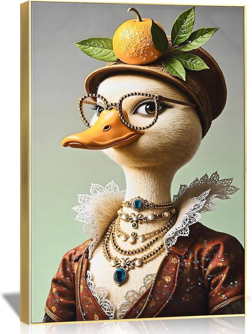 DRLWGTY Framed Abstract Animal Wall Art, Funny Duck in Formal Attire with Hand-applied Crystals, Vintage Poster for Bedroom Living Room, Ready to Hang 36"x24"