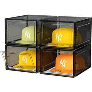 SCAVATA Hat Organizer Box, Stackable Clear Baseball Caps Holder Box Containers with Magnetic Door for Hats Snapback Cap Storag, Hat Rack Display Case, Holds 8 Hats Each (Black, 4 Pack)