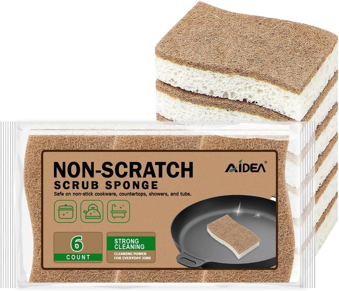 AIDEA Sponges Non Scratch, 6Count, Natural Sponge for Non Stick Cookware, Sponges Kitchen, Cellulose Scrub Sponge for Dishes, Cleaning Power for Kitchen, Bathroom, Household (Brown)