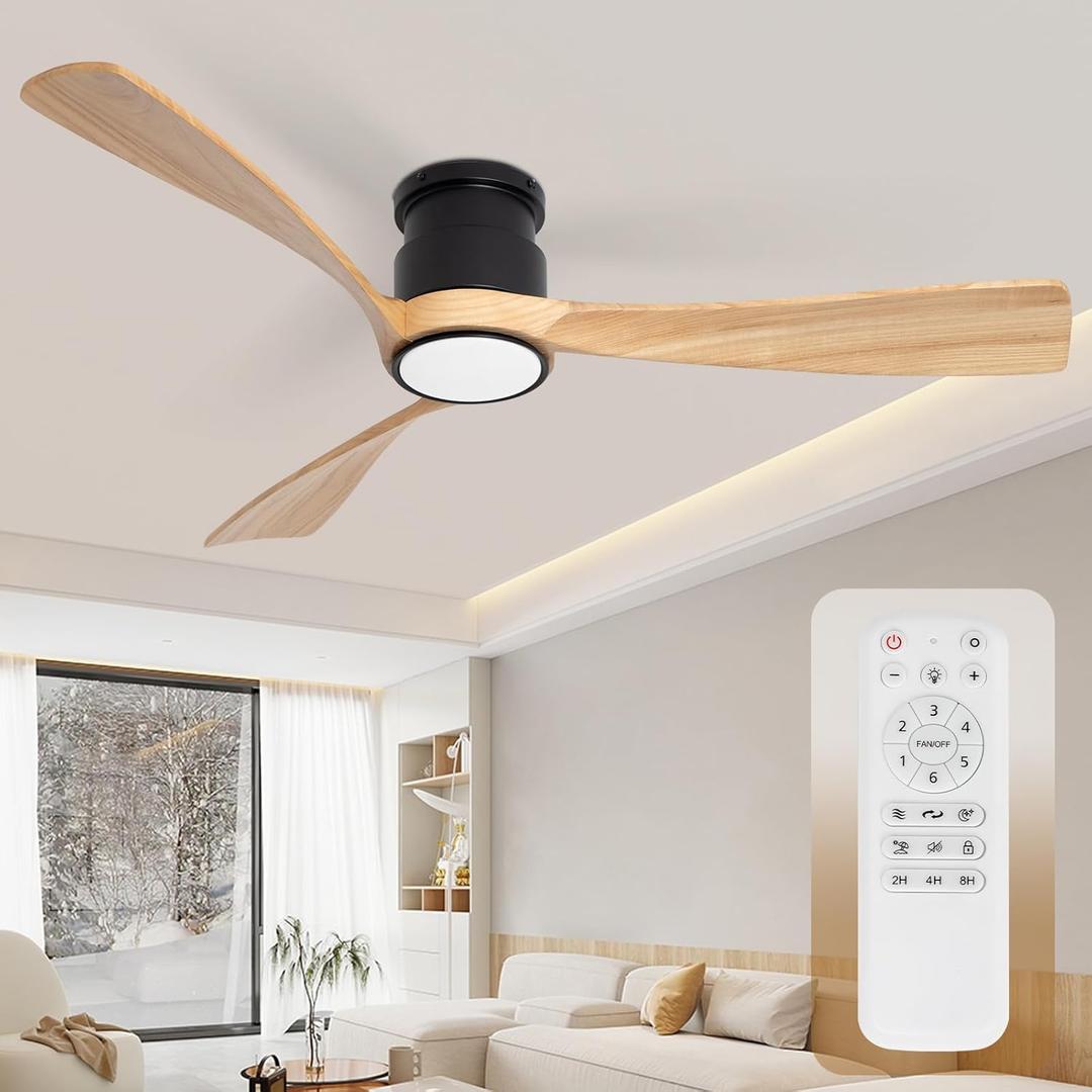 52inch Ceiling Fan with Lights, Wood Flush Mount Ceiling Fans with Remote Control, Dimmable Light,3 CCT,6 Speeds, Noiseless DC Motor, Ceiling Fan for Bedroom, Living Room, Office, Indoor, Natural Wood (B-Low Profile+Natural Wood+Black Body)