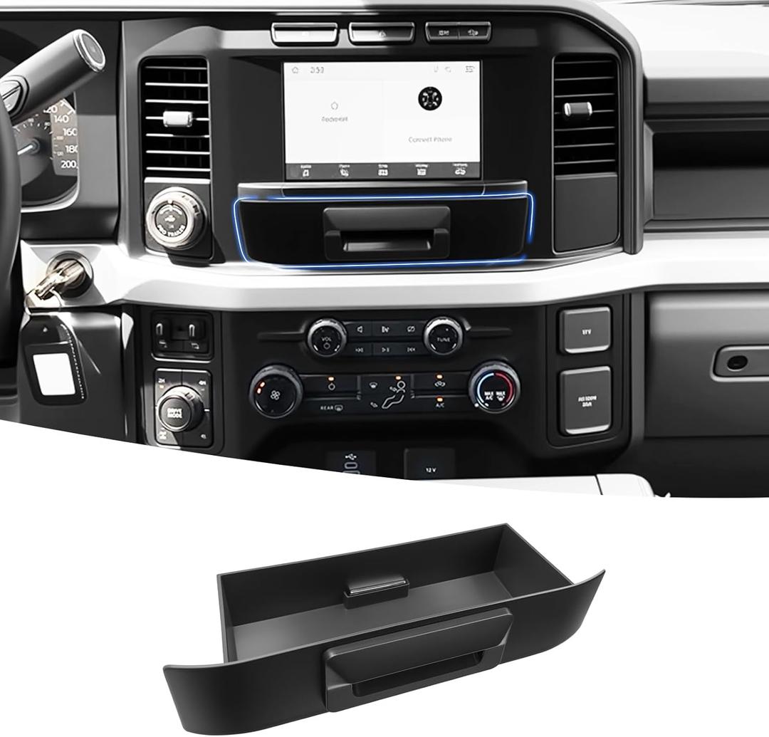 Center Console Drawer Fits for 2023-2026 Ford F250 F350 F450 F550 8-Inch Screen Console Organizer Tray Dashboard Storage Box Compatible with F250-550 Super Duty Interior Accessories