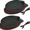 DVK 2 Cast Iron Skillet Set Sizzling Plate With Wooden Base Fajita Skillet With Removable Handle For Home Barbeque Kitchen Service