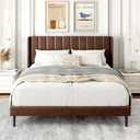 Gruwans Queen Size Bed Frame with Upholstered Wingback Headboard, Easy Assemnly Platform Bed, Wooden Slat Support No Box Spring Needed, Dark Brown Leather