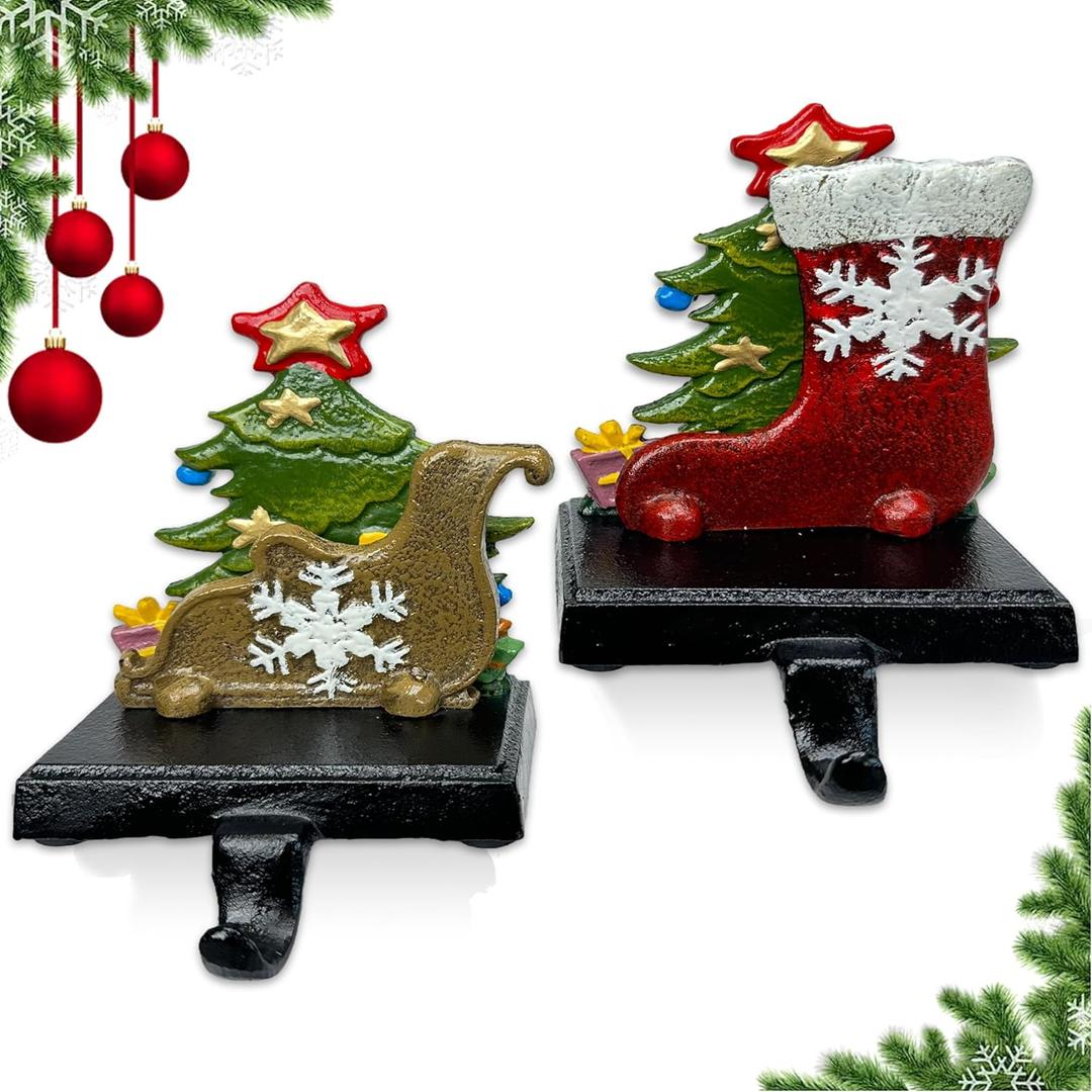 2 Pack Cast Iron Christmas Stocking Holders for Mantle, Heavy Duty Cast Iron Christmas Stocking Holders, Stocking Holders for Mantle and Stocking HookChristmas Stocking Holder