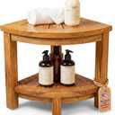 HOMESTEAD Teak Shower Stool with 2 Tier Storage Shelf, Compact Corner Shower Bench for Inside Shower, Bathroom Seat with Soap Holder, Shower Foot Rest and Shower Stool for Shaving Legs