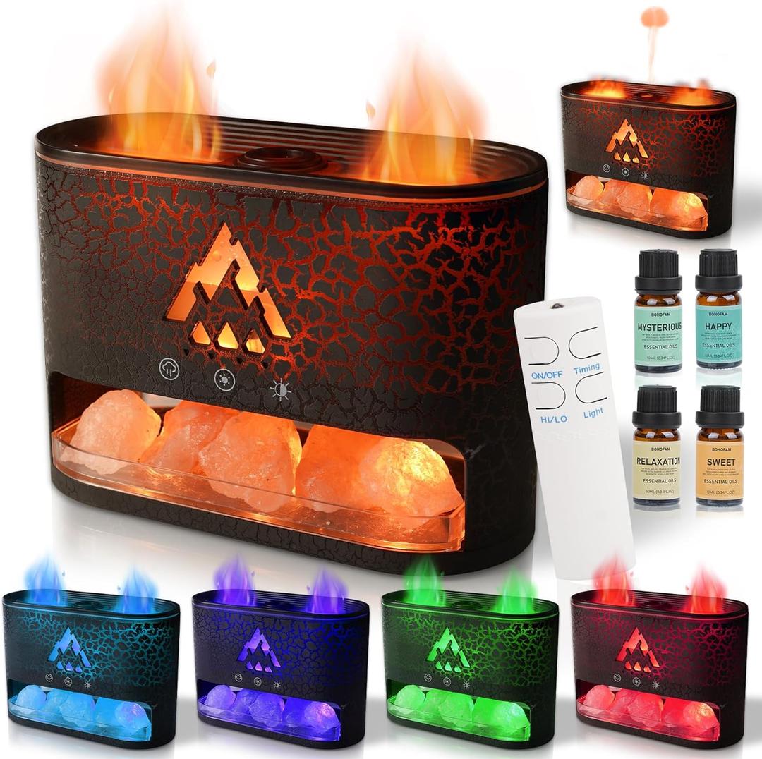 BOHOFAM Essential Oil Diffuser with Himalayan Salt lamp,Double Flame/Jellyfish 2 Mode Aroma Diffuser/Humidifier, Colorful Lights,4 * 10ML Hotel Collection Diffuser Oils Scents,for Home Bedroom(Black)