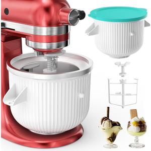 Ice Cream Attachment for KitchenAid Mixer, Ice Cream Bowl Compatible with 4.5Qt and 6QT Or Larger Stand Mixers KitchenAid Attachment, Frozen Yogurt & Sorbet Gelato Maker Attachment, 2 Qt With lid