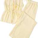 Remidoo Women's Striped 2 Piece Set Tie Front Peplum Tank Tops Wide Leg Pants Sets Medium