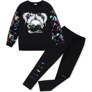 Girls 2 Piece Outfits Teen Girl Cotton Clothes Sweatshirt and Leggings Fall Winter Pullover Sweatsuit Tracksuits (6-7Y, Black)