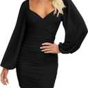 BTFBM 2025 Womens Summer Spring Bodycon Dress Cross V Neck Ruched Mesh Long Sleeve Party Short Formal Cocktail Dresses M