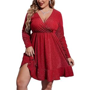 IN'VOLAND Plus Size Womens Glitter Dress V Neck Long Sleeve Ruffle Hem Swing Club Cocktail Party Dresses, 26 Plus