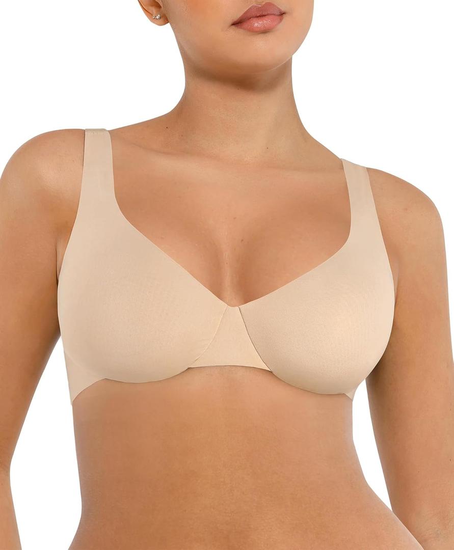 FeelinGirl Bras for Women Unlined No Padding Comfort Underwire Plus Size Full Coverage Seamless Plunge Everyday Bras (34D, Skin)