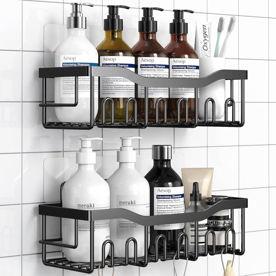Shower Caddy 2 Pack,Adhesive Shower Organizer for Bathroom Storage&Home Decor&Kitchen organizers and storage,No Drilling,Large Capacity,Rustproof Stainless Steel Bathroom Organizer,Bathroom Decor Sets (Black)
