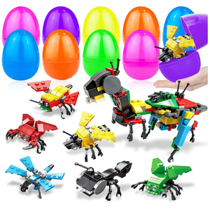 12 Pack 3" Large Filled Easter Eggs with Stem Toy Cars Kids Easter Basket Essential Plastic Surprise Egg Building Blocks 6 in 1 Transform Construction Vehicle Basket Stuffers Boy Egg Hunt Party Favor