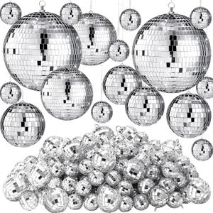 Hoolerry 200 Pcs Mini Mirror Disco Ball Ornaments Mardi Gras Small Silver Hanging Decorations Reflective Tiny Balls Bulk for 70s 80s 90s Disco Party, Birthday(8'', 6'', 4'', 3'', 2,'' 1'')