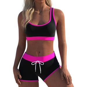 Womens Sport Two Piece Swimsuits Racerback Tops Boyshort Bottom (Large, Rose)