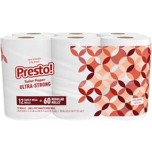 Amazon Brand - Presto! Ultra-Strong 2-Ply Toilet Paper, 12 Mega Rolls = 60 Regular Rolls, 308 Sheets Per Roll, Unscented