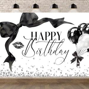 Newsely Black Bow Happy Birthday Banner Backdrop 7Wx5H Photography Girls Coquette Birthday Decorations Black White Bowknot Balloons Background Women Bachelorette Party Photo Booth Props Supplies