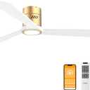 DAMINY Natural Solid Wood White and Gold 52 inch Ceiling Fan with Light,3 Blades,6CCT,Low Profile Ceiling Fan with Light and Remote Control, APP Control,Flush Mount