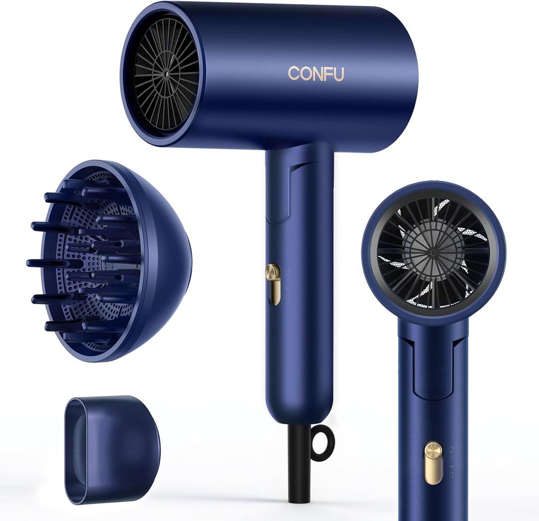 CONFU Diffuser Hair Dryer for Curly Hair,1500W Fast Drying Blow Dryer with Diffuser for Women,Compact & Portable Negative Ion Hairdryer,Mini and Foldable Blowdryer Design for Travel(Blue)