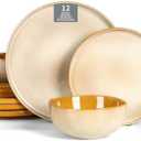 Vicrays Ceramic 12 Pieces Dinnerware Set - Dinner Plates Salad Plates Cereal Bowls Set Service for 4 - Scratch Resistant Microwave Oven Dishwasher Safe - Beige