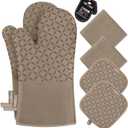 KEGOUU Oven Mitts and Pot Holders 6pcs Set, Kitchen Oven Glove High Heat Resistant 500 Degree Extra Long Oven Mitts and Potholder with Non-Slip Silicone Surface for Cooking (Khaki)