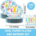 100 Pcs Easter Oval Paper Plates and Napkins Set, 10" x 12" Party Plates,Large Disposable Dinner Plates for Easter Party Supplies
