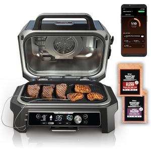 Ninja OG951 Woodfire Pro Connect Premium XL Outdoor Grill & Smoker, Bluetooth, App Enabled, 7-in-1 Master Grill, BBQ Smoker, Outdoor Air Fryer, Woodfire Technology, 2 Built-In Thermometers, Black