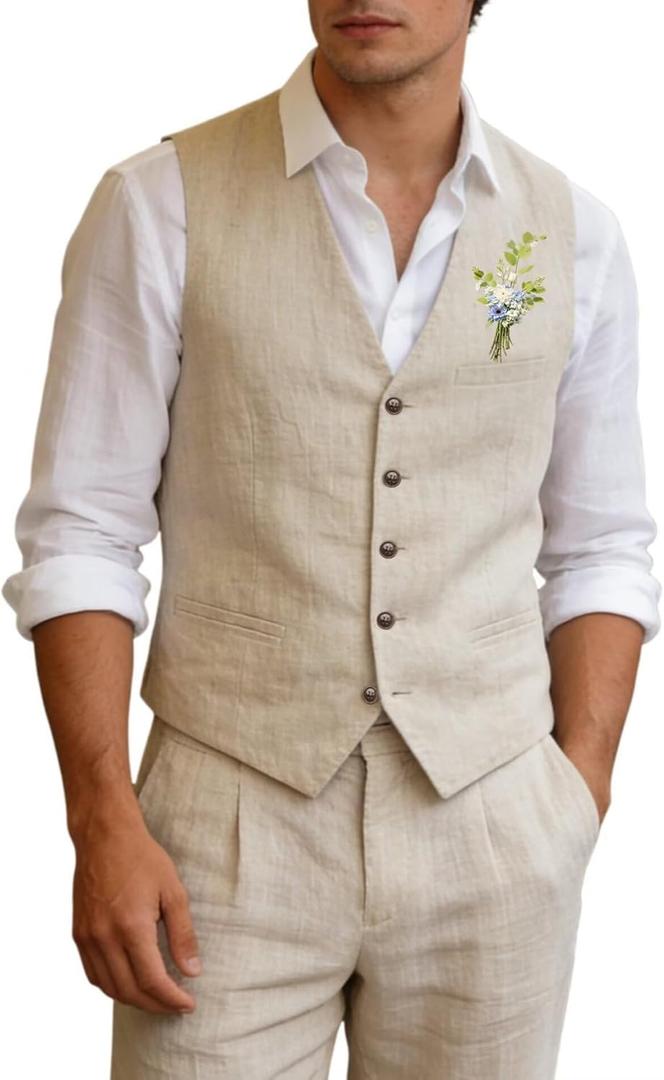 Men's Linen Suits 2 Piece Slim Fit Suit Prom Beach Wedding Groomsman Vest Pants Set Casual Summer Linen Outfit (Beige, XL)
