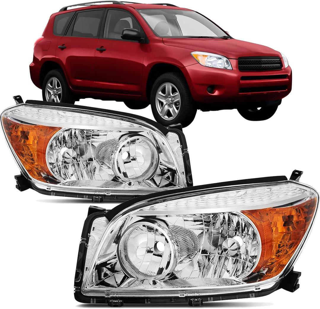 Headlights Assembly Compatible with 2006 2007 2008 Toyota Rav4 Chrome Headlamp Replacement Pair Set Driver & Passenger Side