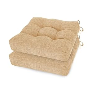 ELFJOY Chair Cushions for Dining Chairs Set of 2 Square Seat Cushion 17x17x4 inch Kitchen Chair Pads Tufted Chair Pillow with Ties and Non Slip Backing (Khaki)