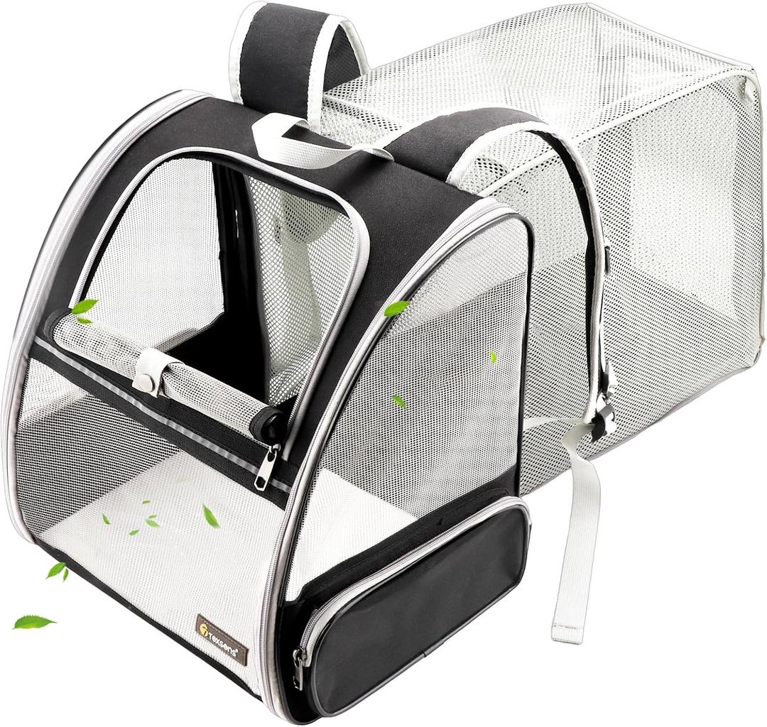 Texsens Cat Backpack - Expandable Pet Carrier for Medium Cats and Small Dogs up to 17 lbs - Breathable, Collapsible & Soft Cat Travel Bag for Outdoor Hiking (Black)